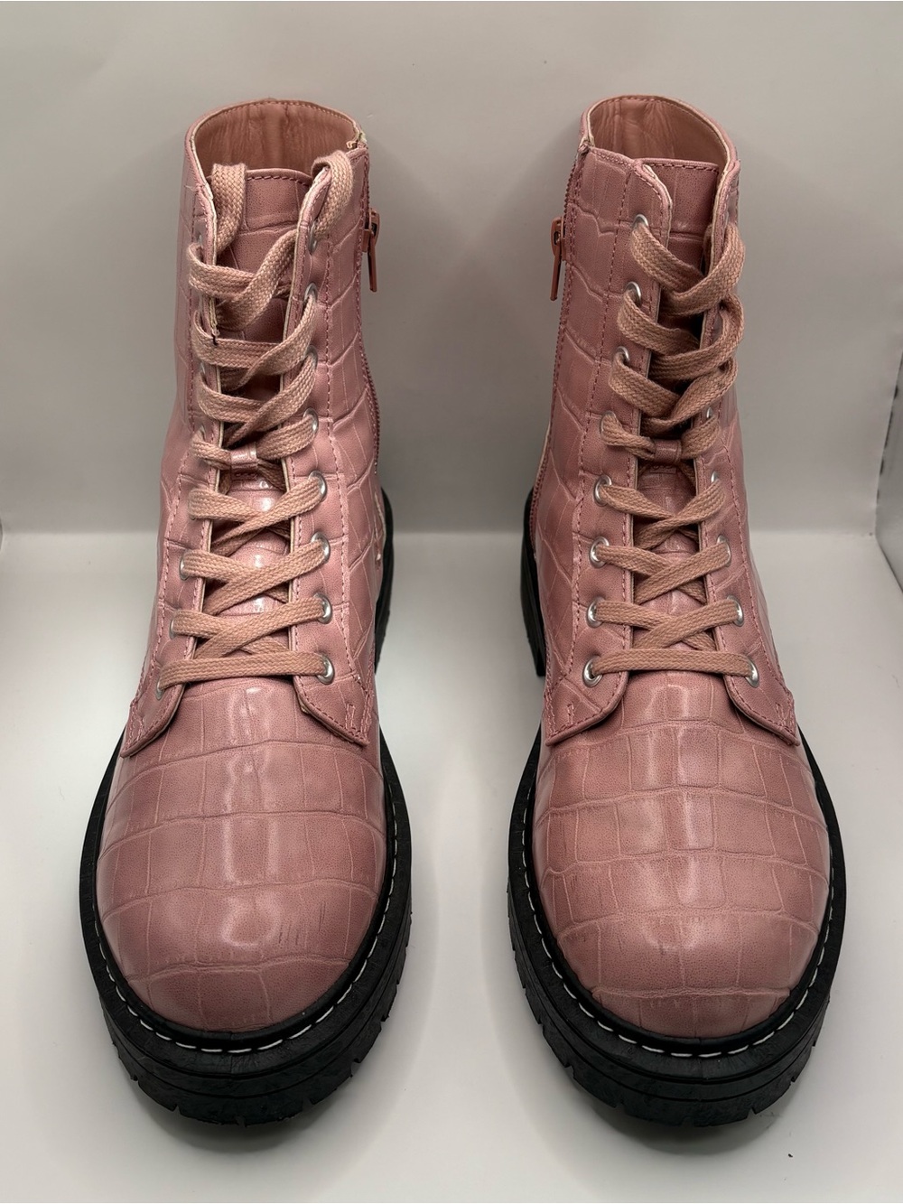 Men's Pink Lace-Up Croc-Texture Combat Boots